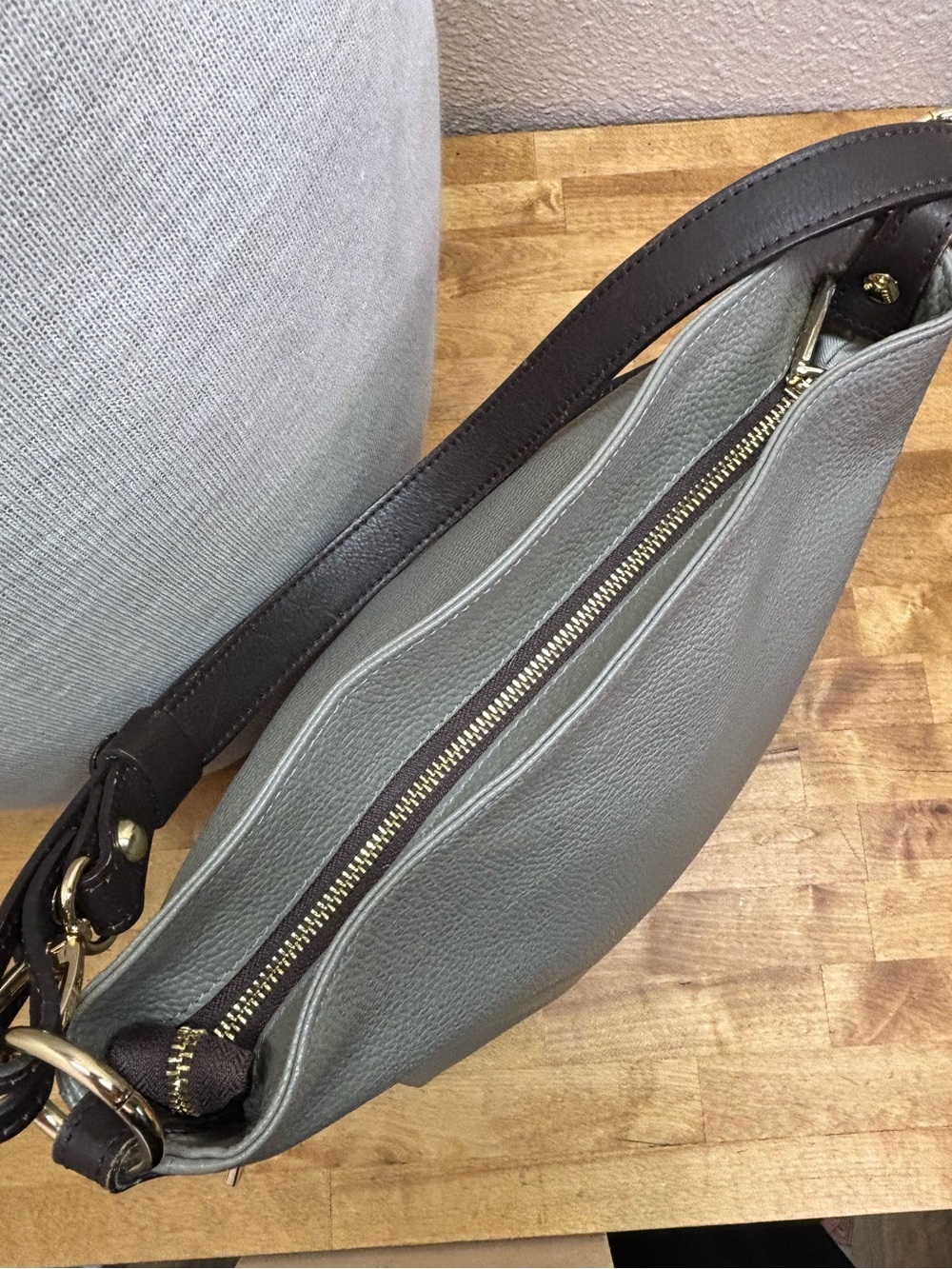 Valentina Gray Pebbled Leather Shoulder Bag with Black Strap - Picture 5 of 15